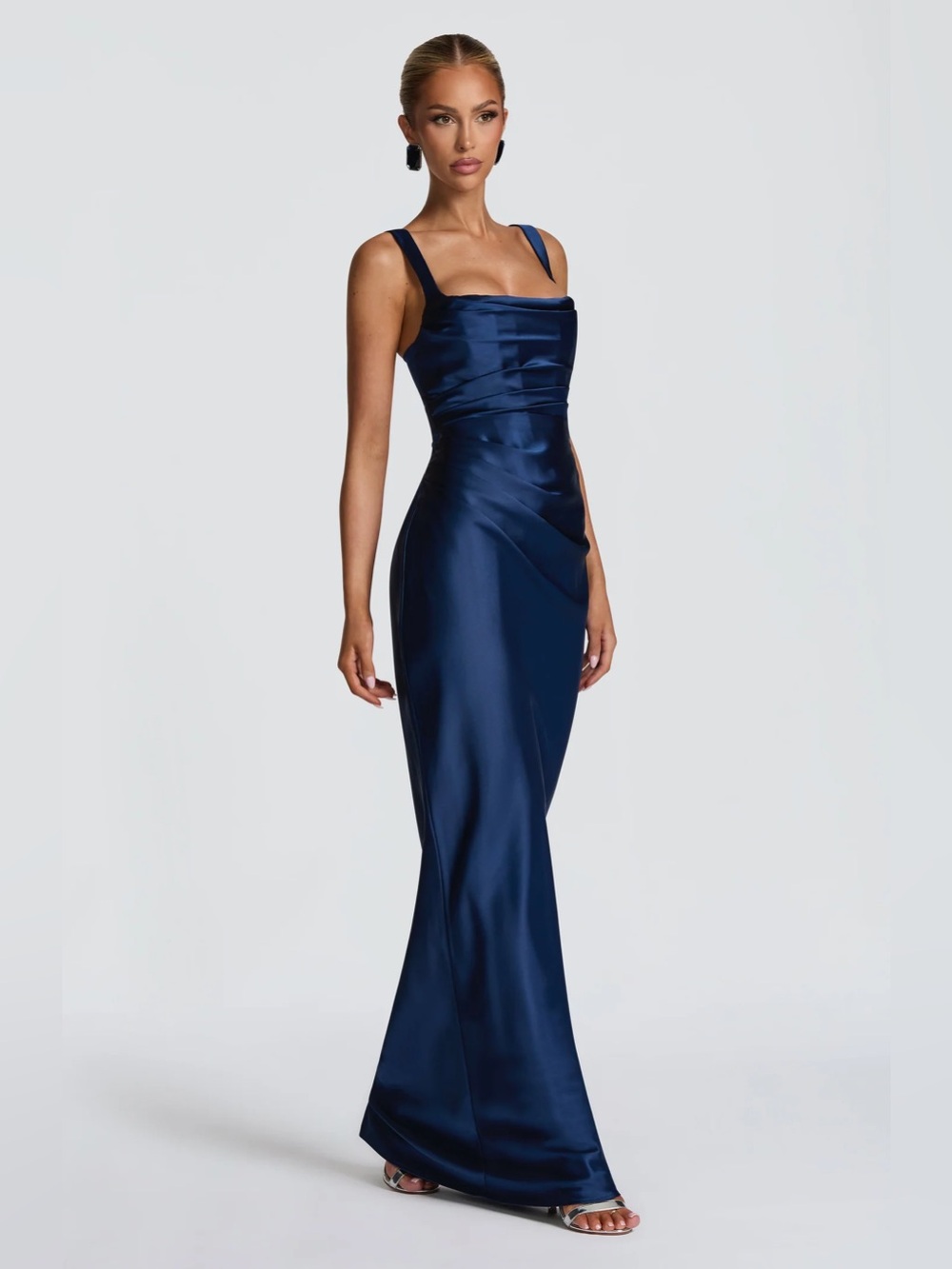 Elegant Navy Satin Evening Gown